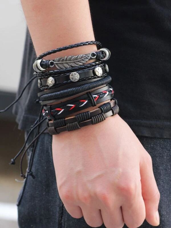 5pcs Men PU Leather Woven Bracelet